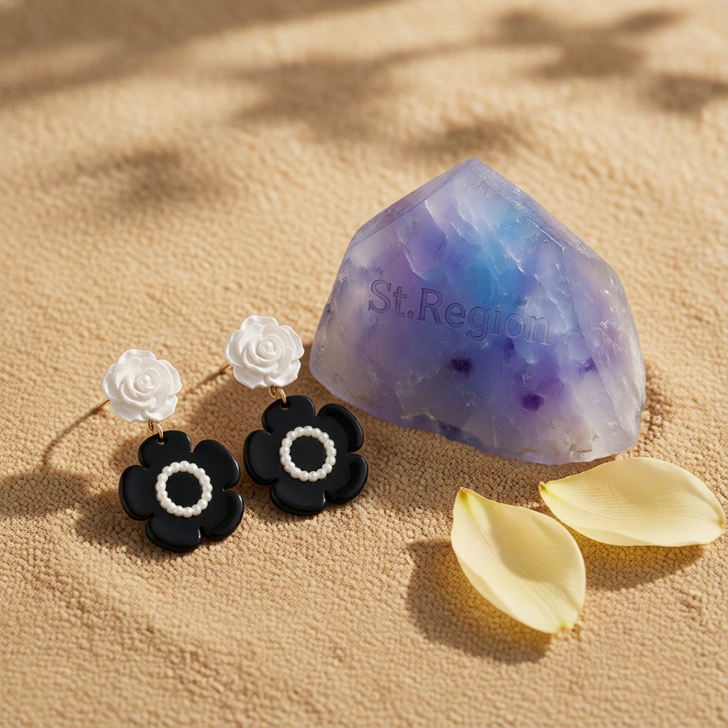 Black Acrylic & White Resin Pearl Silver-Plated Flower Drop Earrings