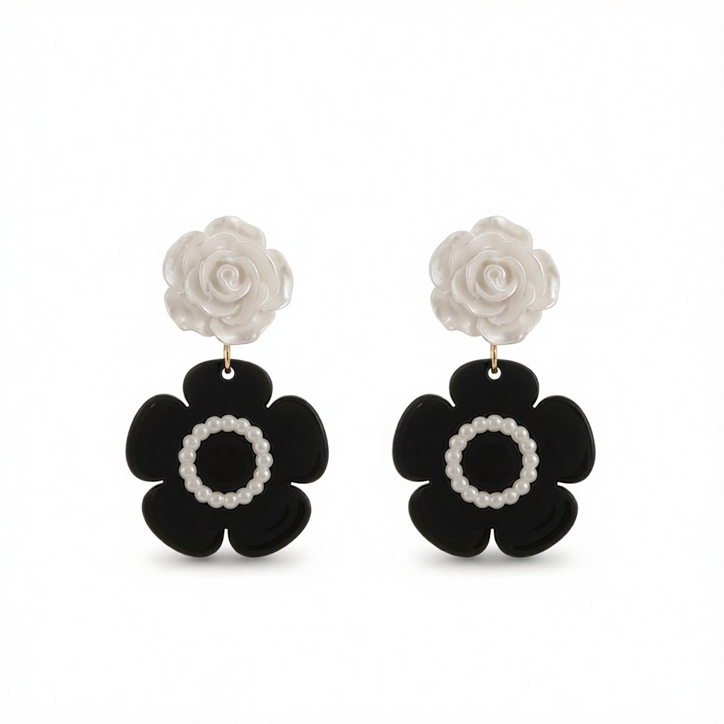 Black Acrylic & White Resin Pearl Silver-Plated Flower Drop Earrings