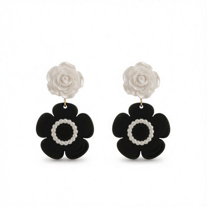 Black Acrylic & White Resin Pearl Silver-Plated Flower Drop Earrings