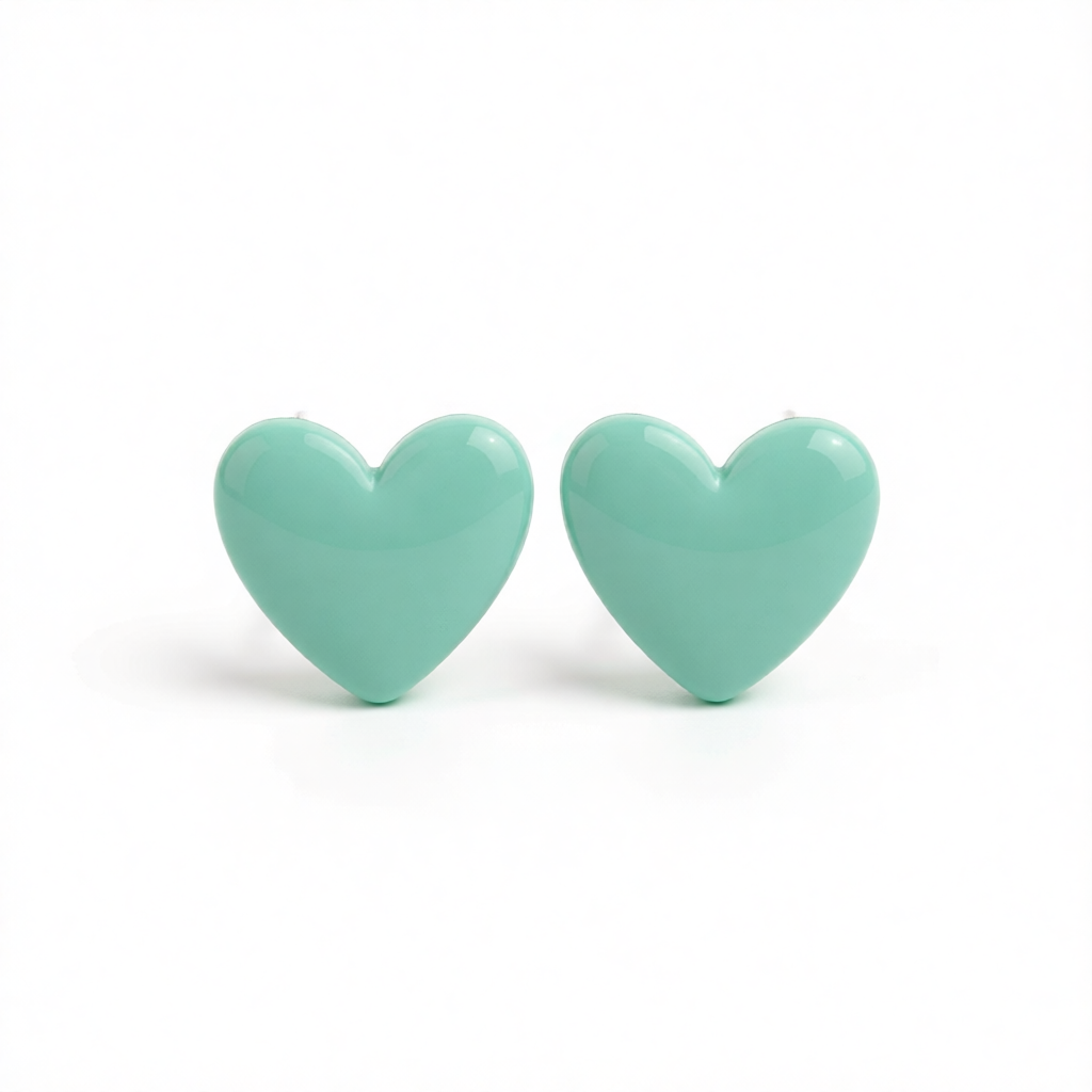 Cyan Acrylic & Silver-Plated Heart Stud Earrings