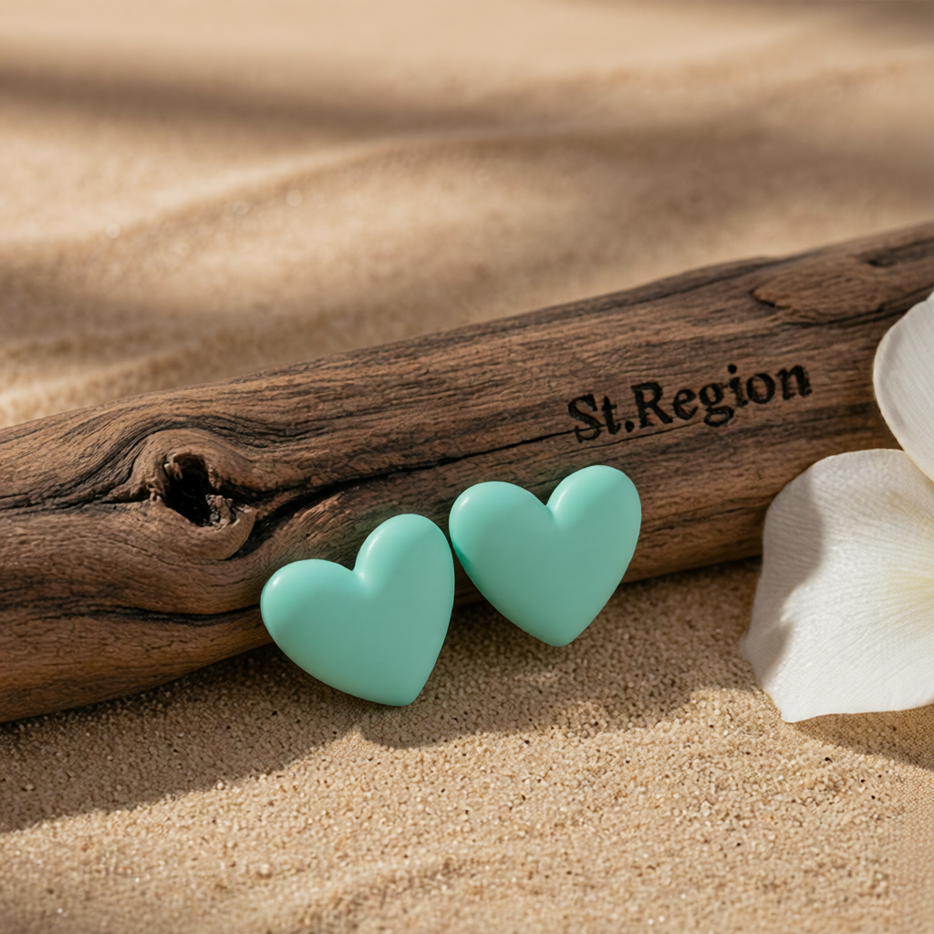 Cyan Acrylic & Silver-Plated Heart Stud Earrings
