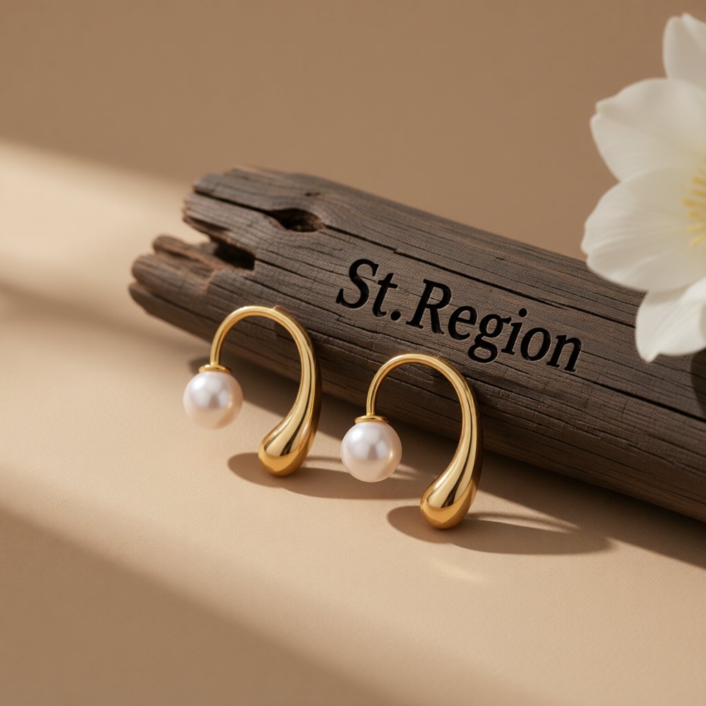 Pearl and 18K Gold-Plated Ear Jackets, botanical inspired, front view