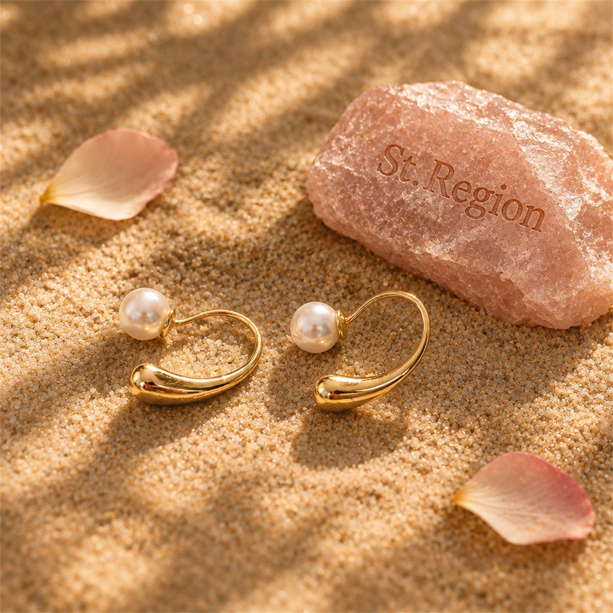 Pearl and 18K Gold-Plated Ear Jackets, botanical inspired, detail close-up