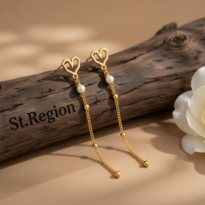 Pearl and 18K Gold-Plated Heart Drop Earrings, gold drop earrings for women, everyday style, front view
