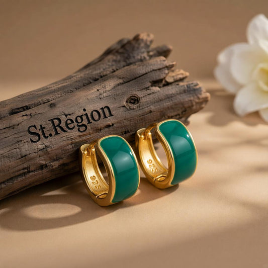 Green Enamel and 18K Gold-Plated Huggie Earrings, gold huggie earrings, dainty minimalist design, front view