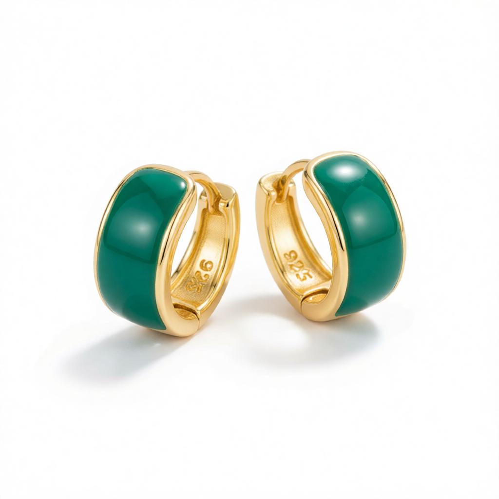 Green Enamel and 18K Gold-Plated Huggie Earrings, gold huggie earrings, dainty minimalist design, side view