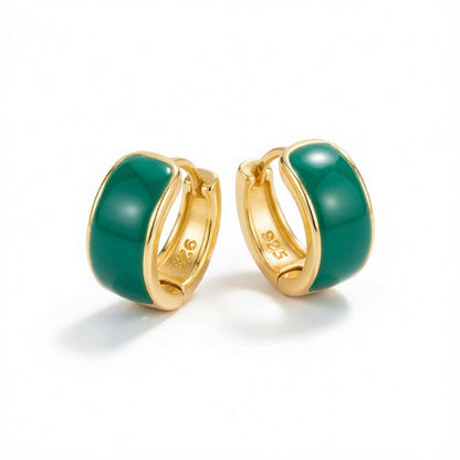 Green Enamel and 18K Gold-Plated Huggie Earrings, gold huggie earrings, dainty minimalist design, side view