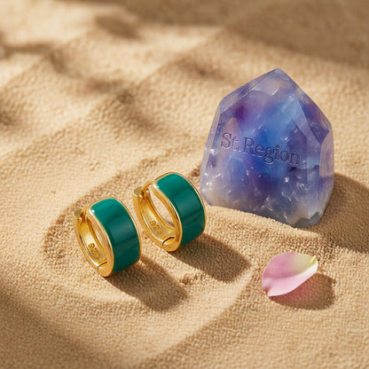 Green Enamel and 18K Gold-Plated Huggie Earrings, gold huggie earrings, dainty minimalist design, detail close-up