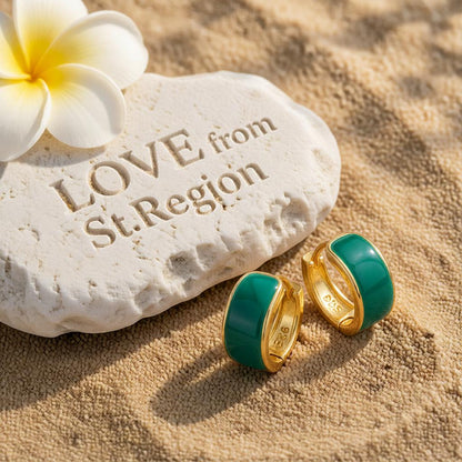 Green Enamel and 18K Gold-Plated Huggie Earrings, gold huggie earrings, dainty minimalist design, lifestyle look