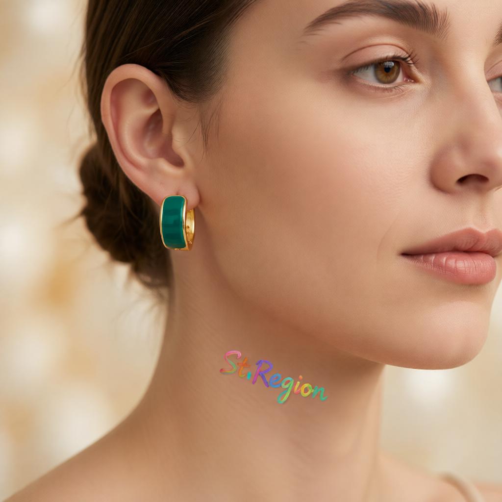 Green Enamel and 18K Gold-Plated Huggie Earrings, gold huggie earrings, dainty minimalist design, styled look