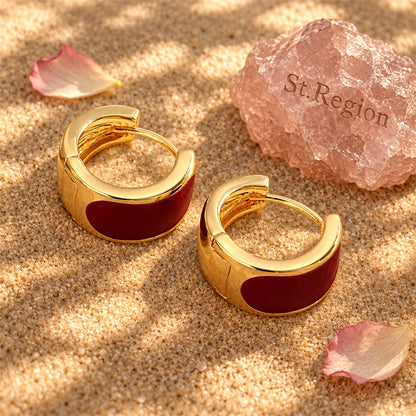 Red Enamel and 18K Gold-Plated Huggie Earrings, gold huggie earrings, everyday style, detail close-up
