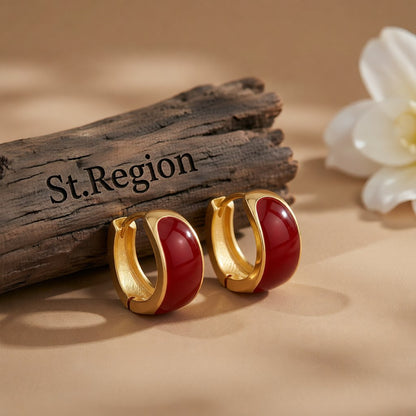 Red Enamel and 18K Gold-Plated Huggie Earrings, gold huggie earrings, everyday style, front view