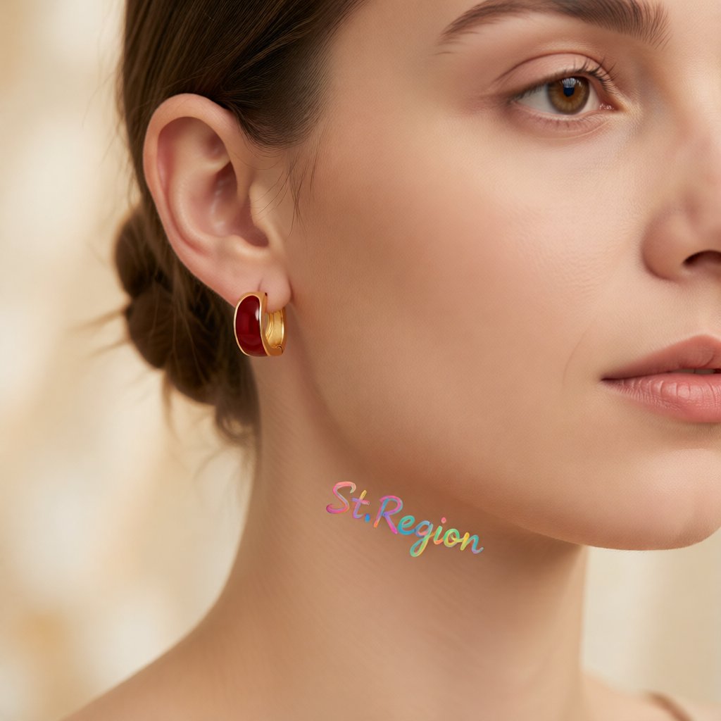 Red Enamel and 18K Gold-Plated Huggie Earrings, gold huggie earrings, everyday style, styled look