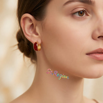 Red Enamel and 18K Gold-Plated Huggie Earrings, gold huggie earrings, everyday style, styled look
