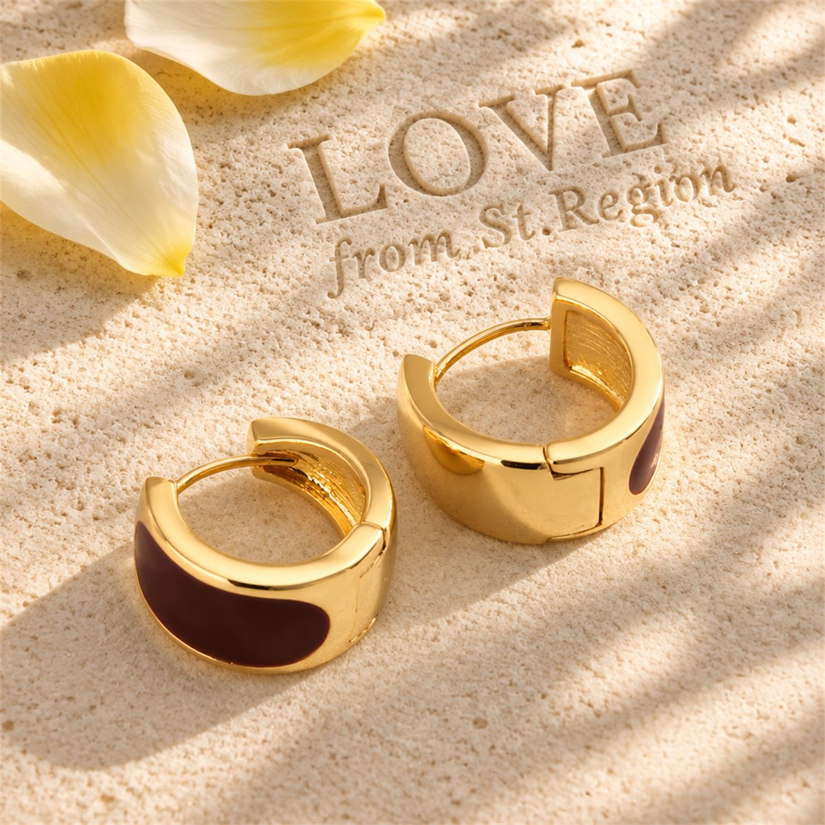 Red Enamel and 18K Gold-Plated Huggie Earrings, gold huggie earrings, everyday style, lifestyle look