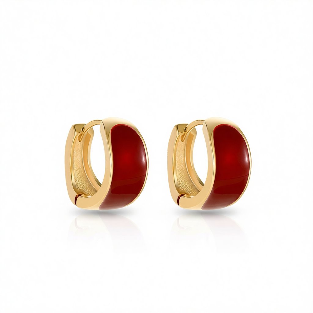Red Enamel and 18K Gold-Plated Huggie Earrings, gold huggie earrings, everyday style, side view