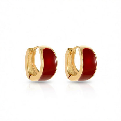 Red Enamel and 18K Gold-Plated Huggie Earrings, gold huggie earrings, everyday style, side view