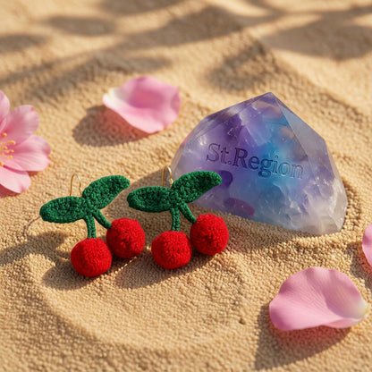 Red and Green Cherry Drop Earrings, drop earrings for women, botanical inspired, detail close-up