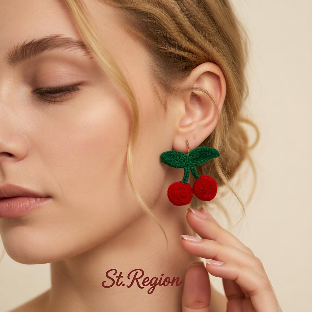 Red and Green Cherry Drop Earrings, drop earrings for women, botanical inspired, styled look