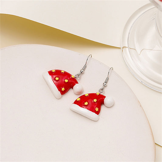 Red Resin and Silver-Plated Christmas Hat Drop Earrings, silver drop earrings for women, vintage-inspired design, front view