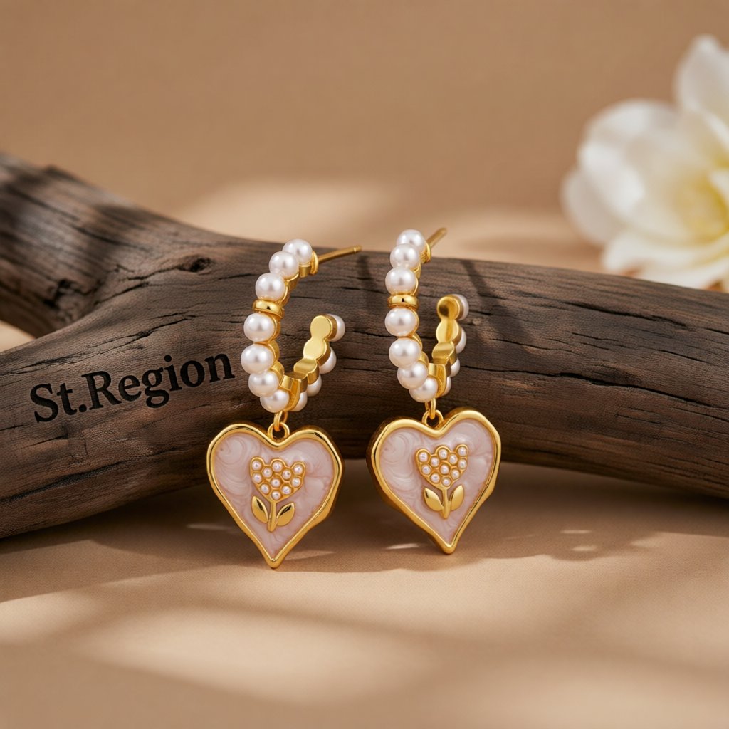 Pearl & White Enamel 18K Gold-Plated Tulip Heart Huggie Earrings