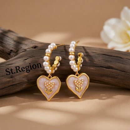 Pearl & White Enamel 18K Gold-Plated Tulip Heart Huggie Earrings