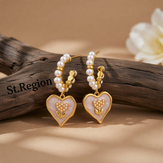 Pearl & White Enamel 18K Gold-Plated Tulip Heart Huggie Earrings