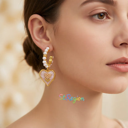 Pearl & White Enamel 18K Gold-Plated Tulip Heart Huggie Earrings