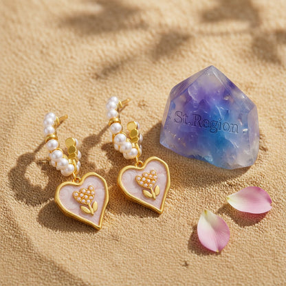 Pearl & White Enamel 18K Gold-Plated Tulip Heart Huggie Earrings
