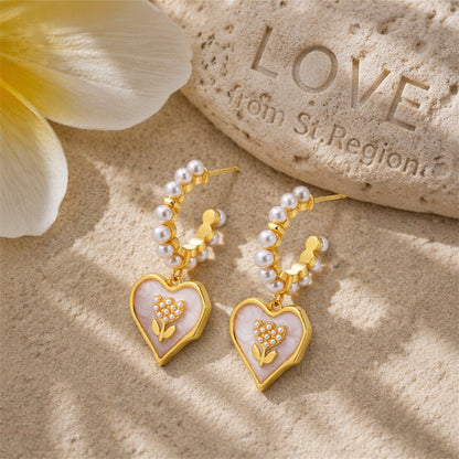 Pearl & White Enamel 18K Gold-Plated Tulip Heart Huggie Earrings