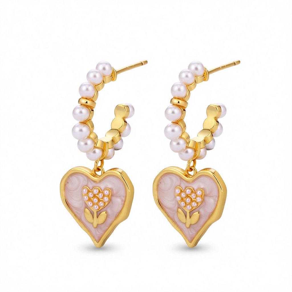 Pearl & White Enamel 18K Gold-Plated Tulip Heart Huggie Earrings