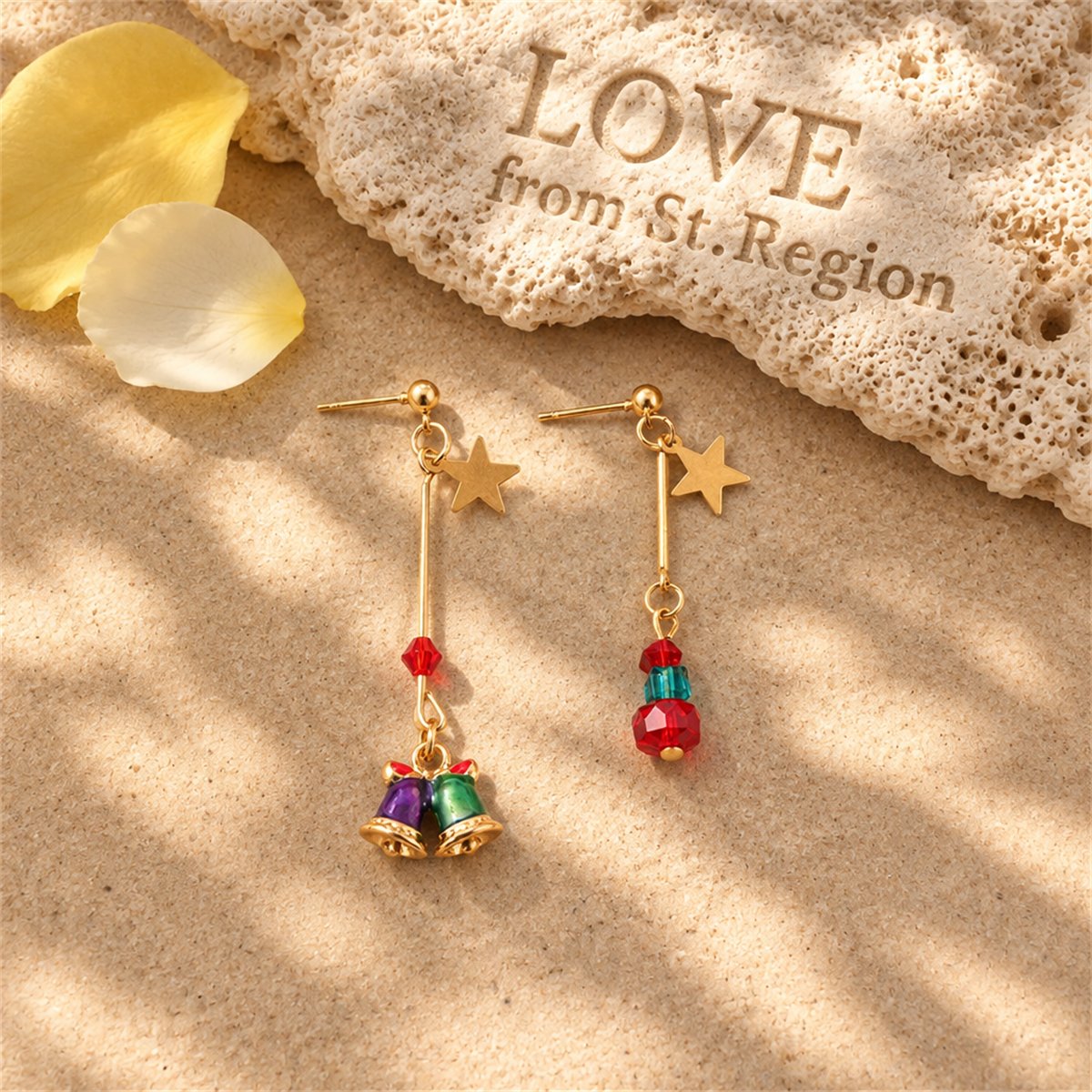 Red Enamel and 18K Gold-Plated Star and Bell Mismatched Drop Earrings, gold drop earrings for women, lifestyle look