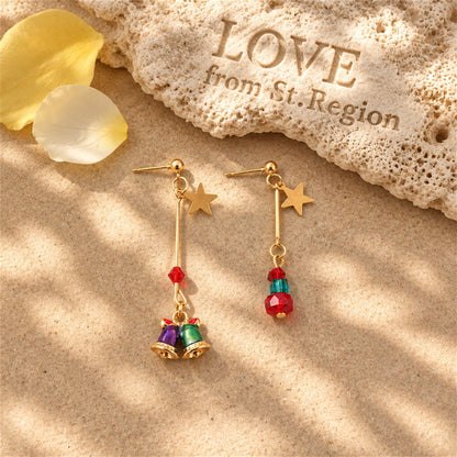 Red Enamel and 18K Gold-Plated Star and Bell Mismatched Drop Earrings, gold drop earrings for women, lifestyle look