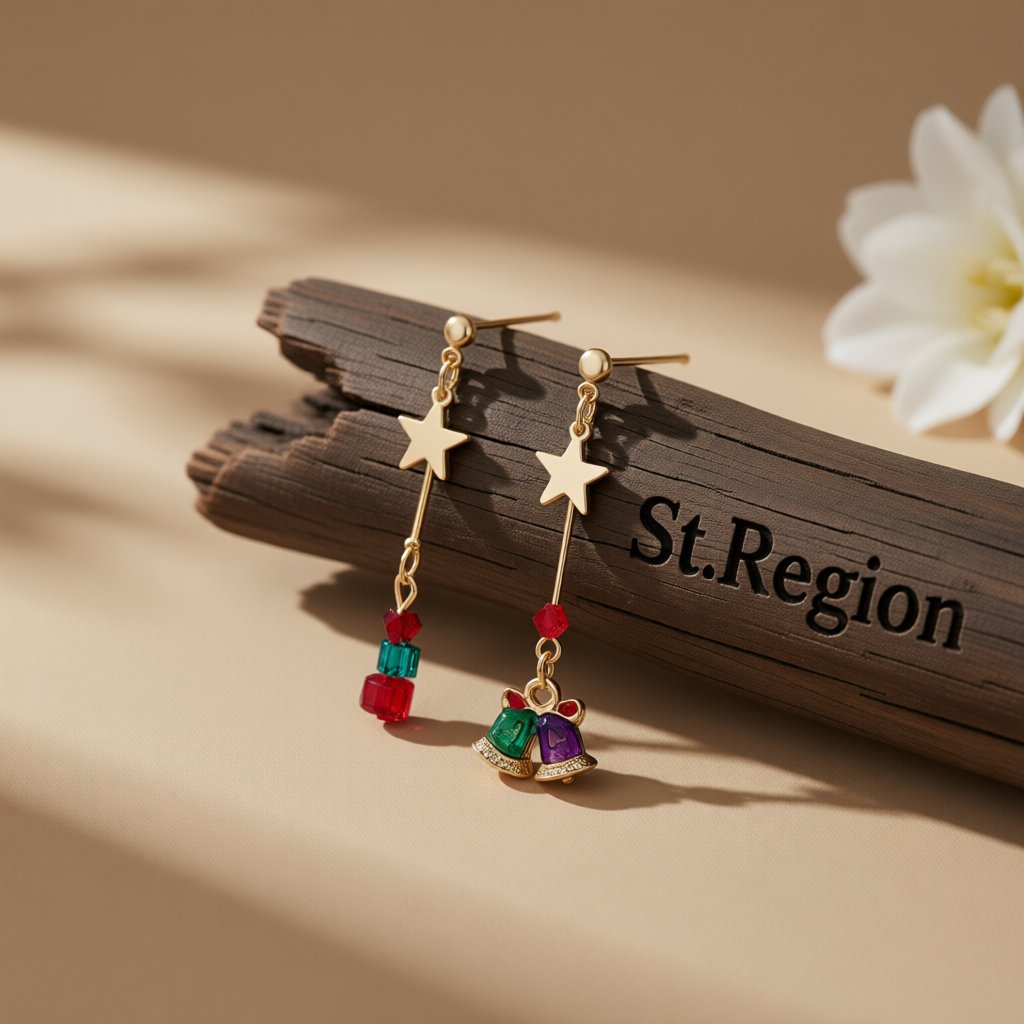 Red Enamel and 18K Gold-Plated Star and Bell Mismatched Drop Earrings, gold drop earrings for women, front view