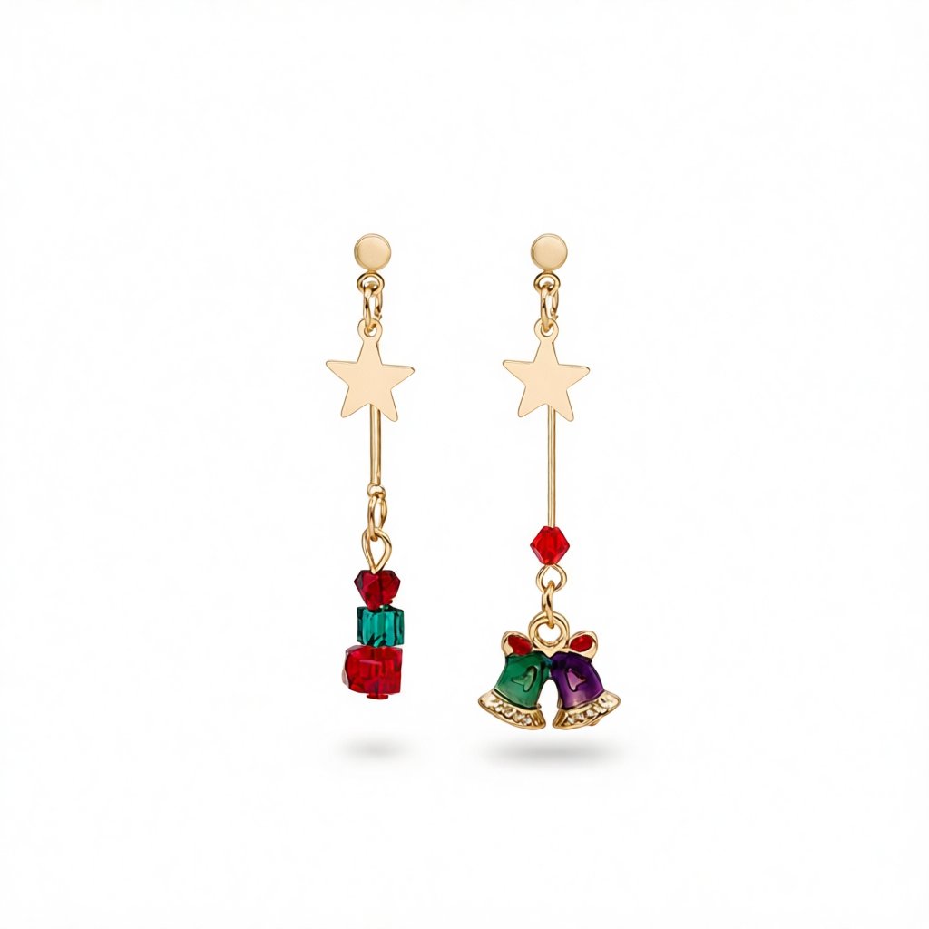 Red Enamel and 18K Gold-Plated Star and Bell Mismatched Drop Earrings, gold drop earrings for women, side view
