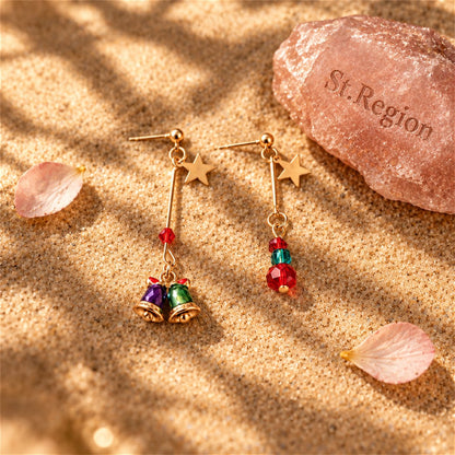 Red Enamel and 18K Gold-Plated Star and Bell Mismatched Drop Earrings, gold drop earrings for women, detail close-up