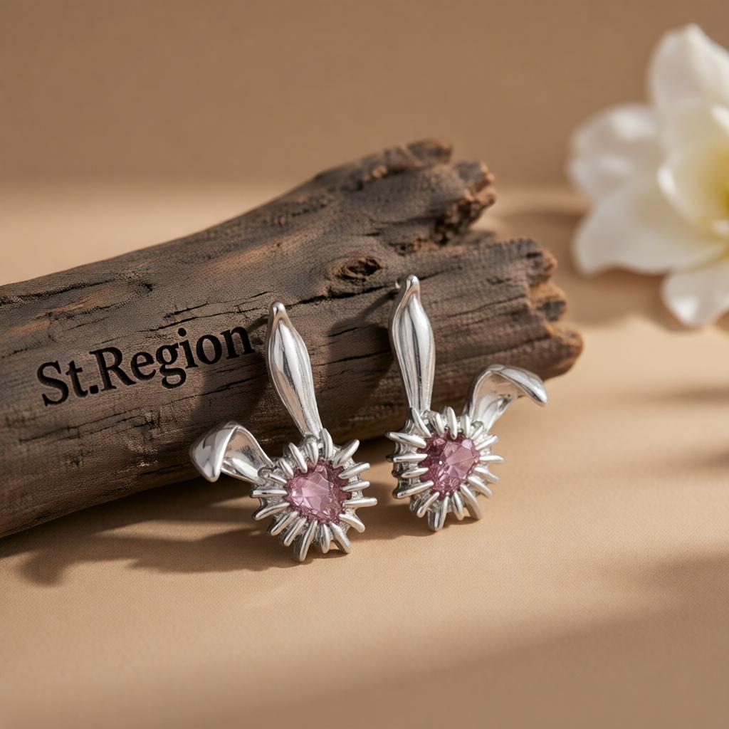 Crystal and Silver-Plated Heart Rabbit Stud Earrings, cubic zirconia stud earrings for women, everyday style, front view