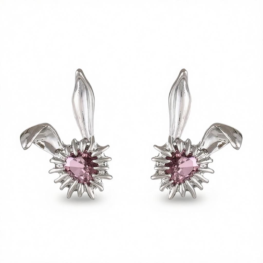 Crystal and Silver-Plated Heart Rabbit Stud Earrings, cubic zirconia stud earrings for women, everyday style, side view