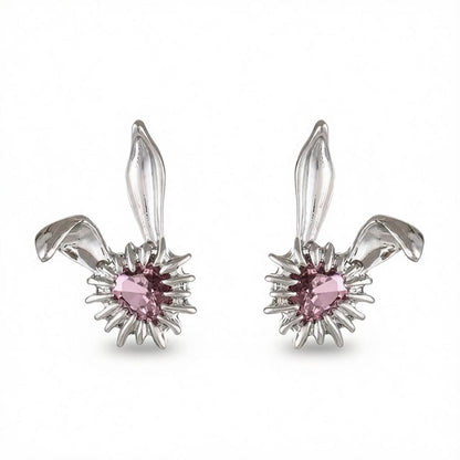 Crystal and Silver-Plated Heart Rabbit Stud Earrings, cubic zirconia stud earrings for women, everyday style, side view