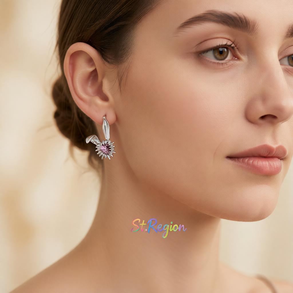 Crystal and Silver-Plated Heart Rabbit Stud Earrings, cubic zirconia stud earrings for women, everyday style, styled look