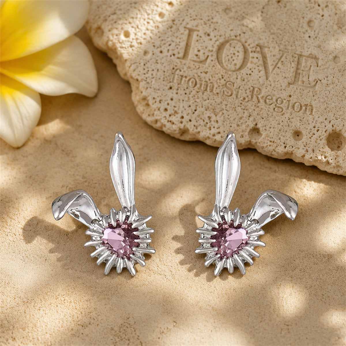 Crystal & Silver-Plated Heart Rabbit Stud Earrings