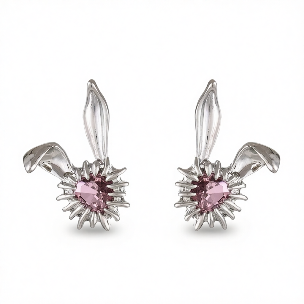 Crystal & Silver-Plated Heart Rabbit Stud Earrings