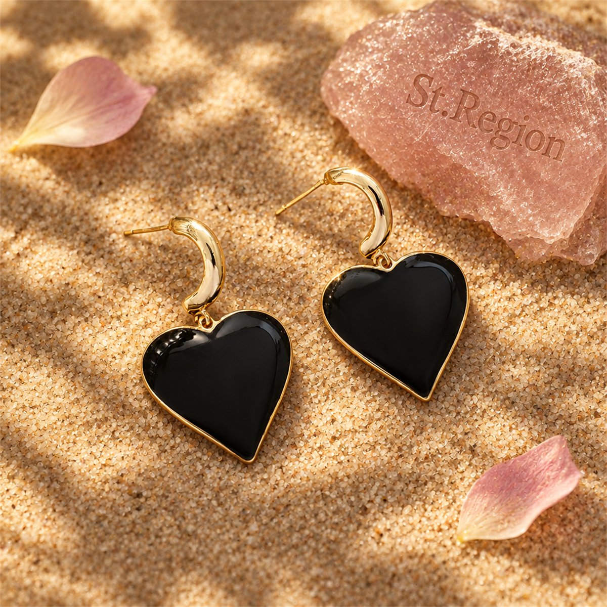 Black Enamel and 18K Gold-Plated Heart Huggie Earrings, gold huggie earrings, botanical inspired, detail close-up