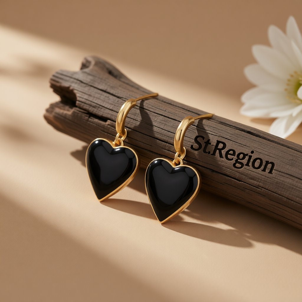 Black Enamel and 18K Gold-Plated Heart Huggie Earrings, gold huggie earrings, botanical inspired, front view