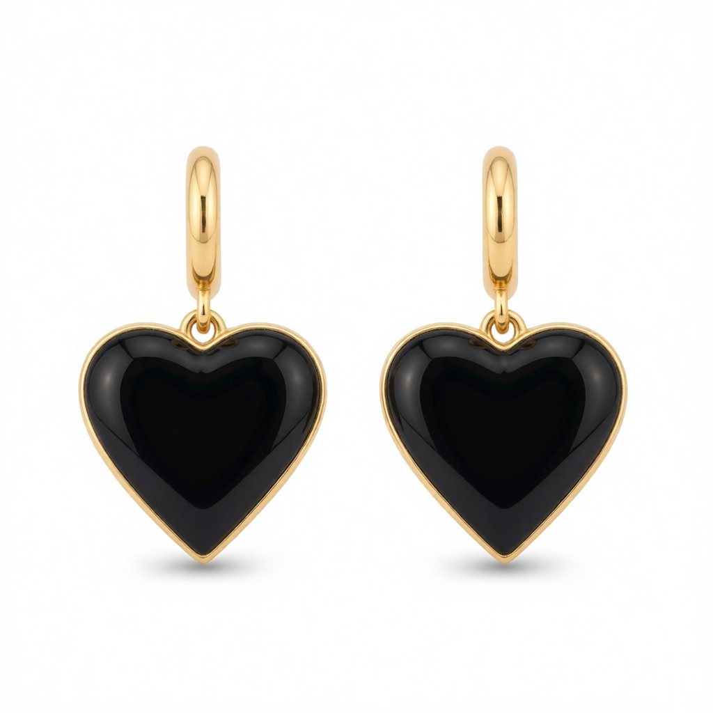 Black Enamel and 18K Gold-Plated Heart Huggie Earrings, gold huggie earrings, botanical inspired, side view