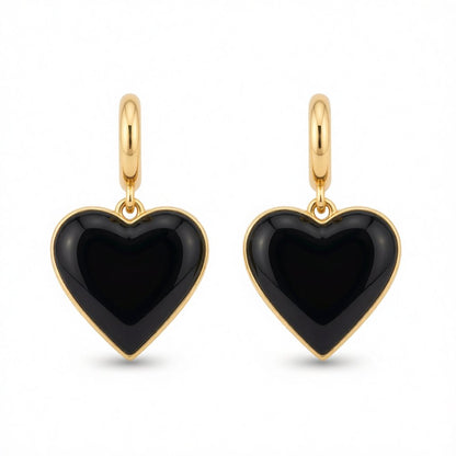 Black Enamel and 18K Gold-Plated Heart Huggie Earrings, gold huggie earrings, botanical inspired, side view