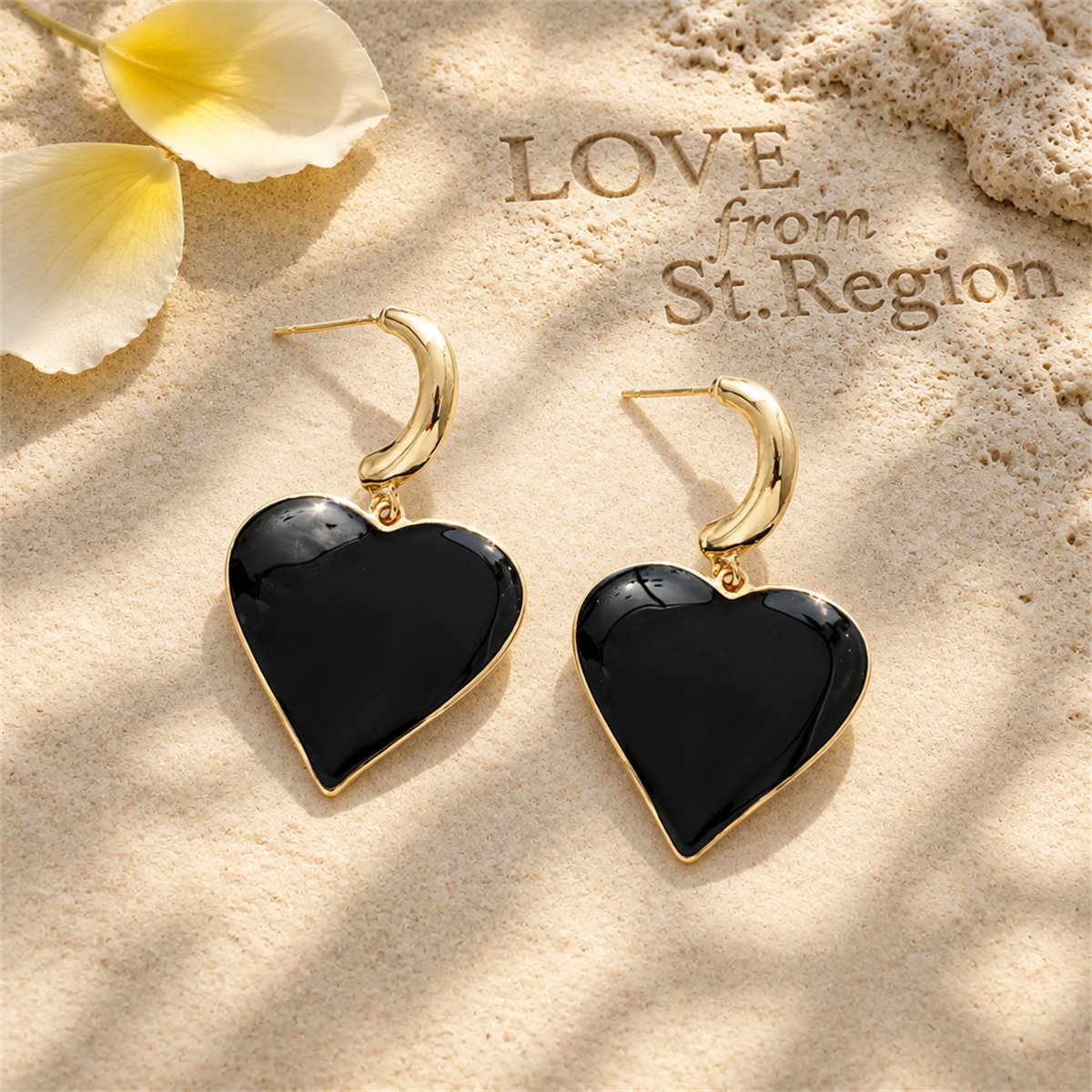 Black Enamel and 18K Gold-Plated Heart Huggie Earrings, gold huggie earrings, botanical inspired, lifestyle look