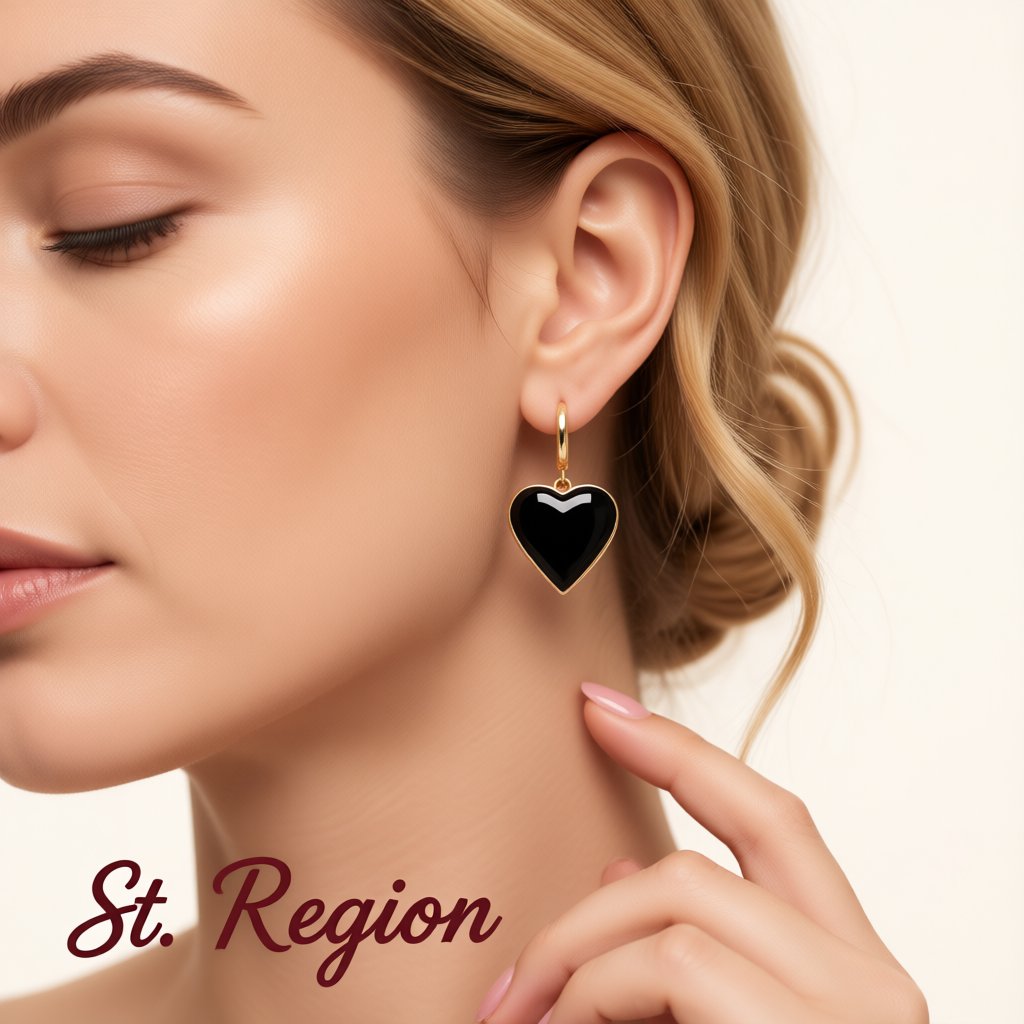 Black Enamel and 18K Gold-Plated Heart Huggie Earrings, gold huggie earrings, botanical inspired, styled look
