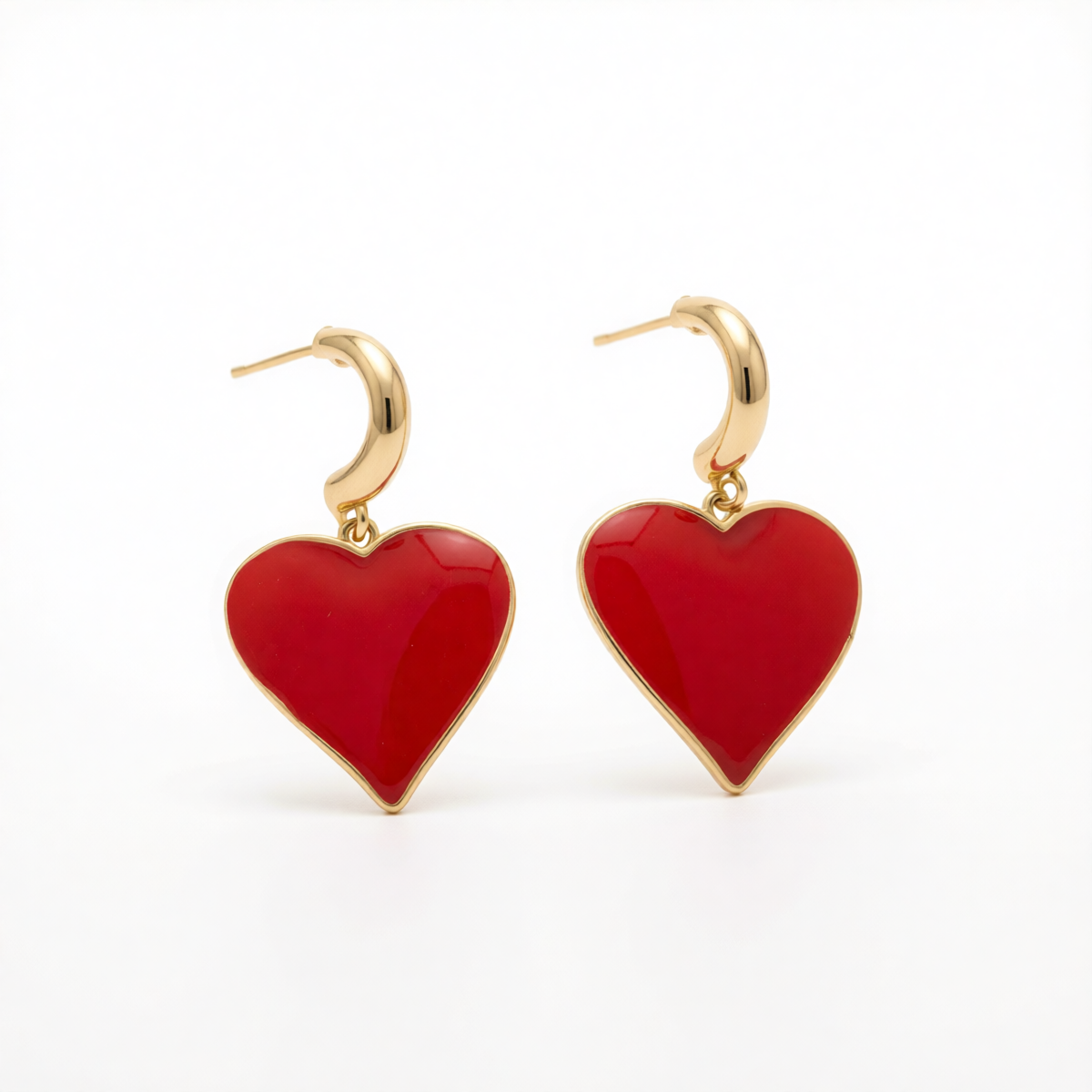 Red Enamel & 18K Gold-Plated Heart Huggie Earrings