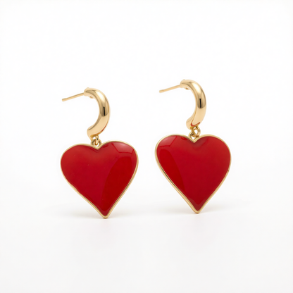 Red Enamel & 18K Gold-Plated Heart Huggie Earrings
